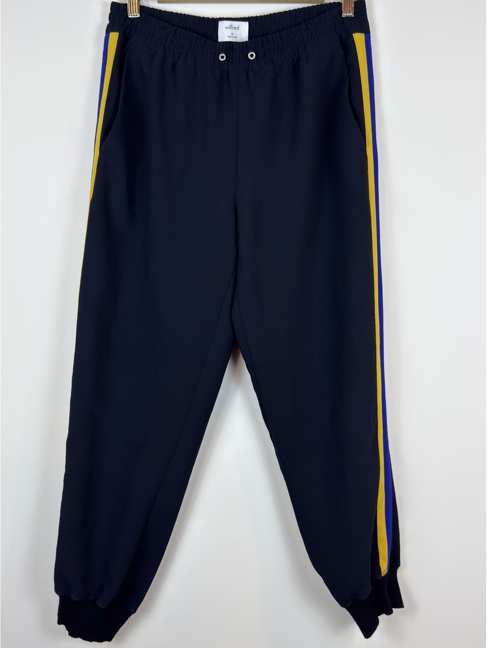 Aritzia Wilfred Buffon Jogger Pants M Navy Yellow Blue Side Stripe Track Pants